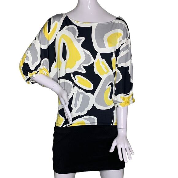 Worthington Stretch Women Top Size S 3/4 sleeve Black Yellow White Elastic Cuffs - Picture 1 of 7